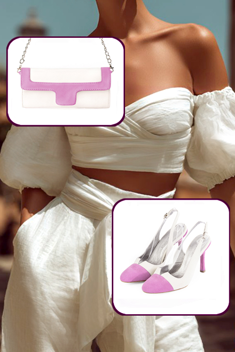Women's mauve purple and off white elegant slingback heels. Round toe. High slim heel - Worn view